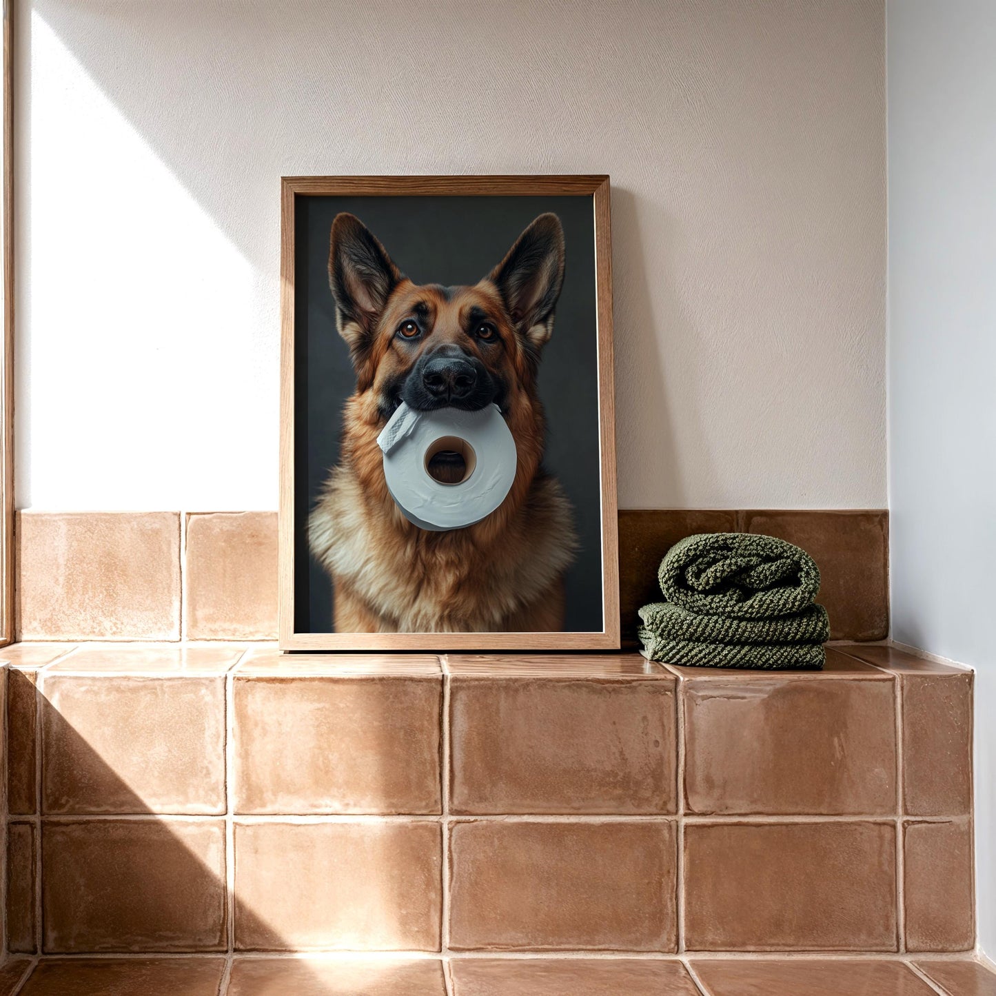 Funny German Shepherd Dog Holding Toilet Paper Roll β Cute Pet Wall Art, Gag Gift, Bathroom Decor for Dog Lovers