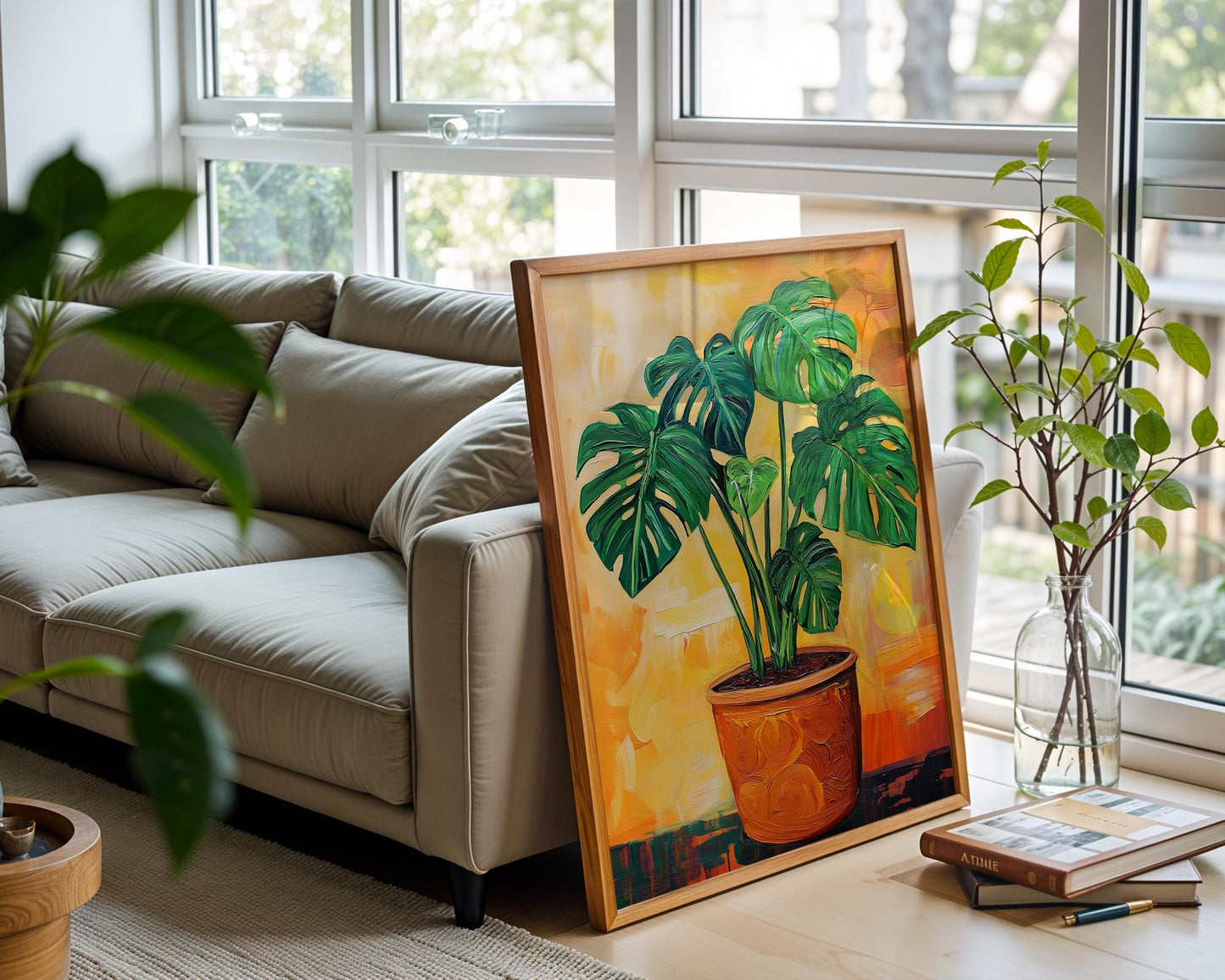 Monstera Plant Wall Art Print – Tropical Acrylic Painting, Botanical Jungle Decor, Boho Plant Lover Gift, Orange Background Art