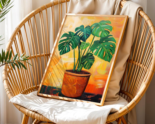 Monstera Plant Wall Art Print – Tropical Acrylic Painting, Botanical Jungle Decor, Boho Plant Lover Gift, Orange Background Art