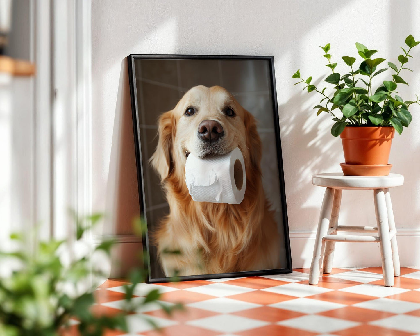 Golden Retriever Holding Toilet Paper Roll β Funny Dog Bathroom Wall Art, Cute Pet Photography, Golden Retriever Decor for Dog Lovers