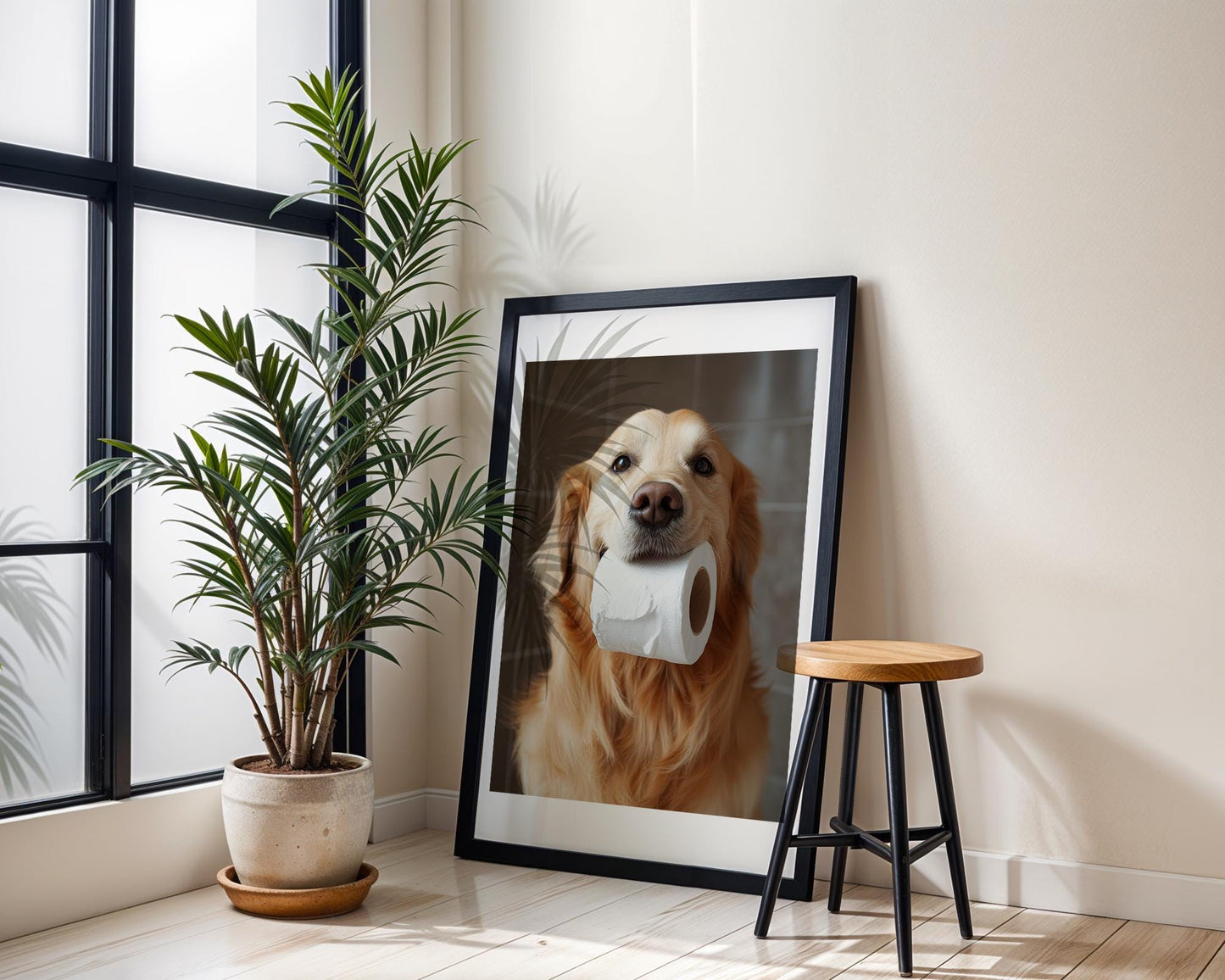 Golden Retriever Holding Toilet Paper Roll β Funny Dog Bathroom Wall Art, Cute Pet Photography, Golden Retriever Decor for Dog Lovers