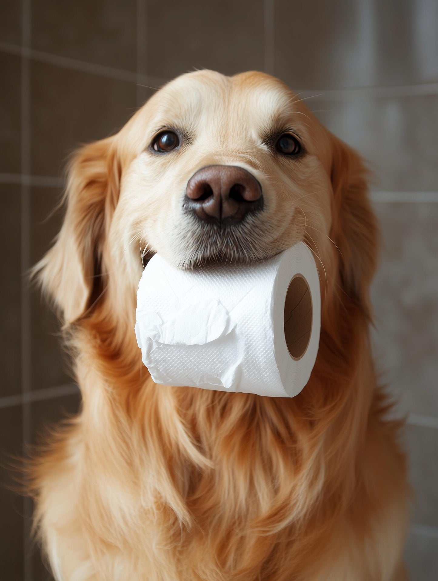 Golden Retriever Holding Toilet Paper Roll β Funny Dog Bathroom Wall Art, Cute Pet Photography, Golden Retriever Decor for Dog Lovers
