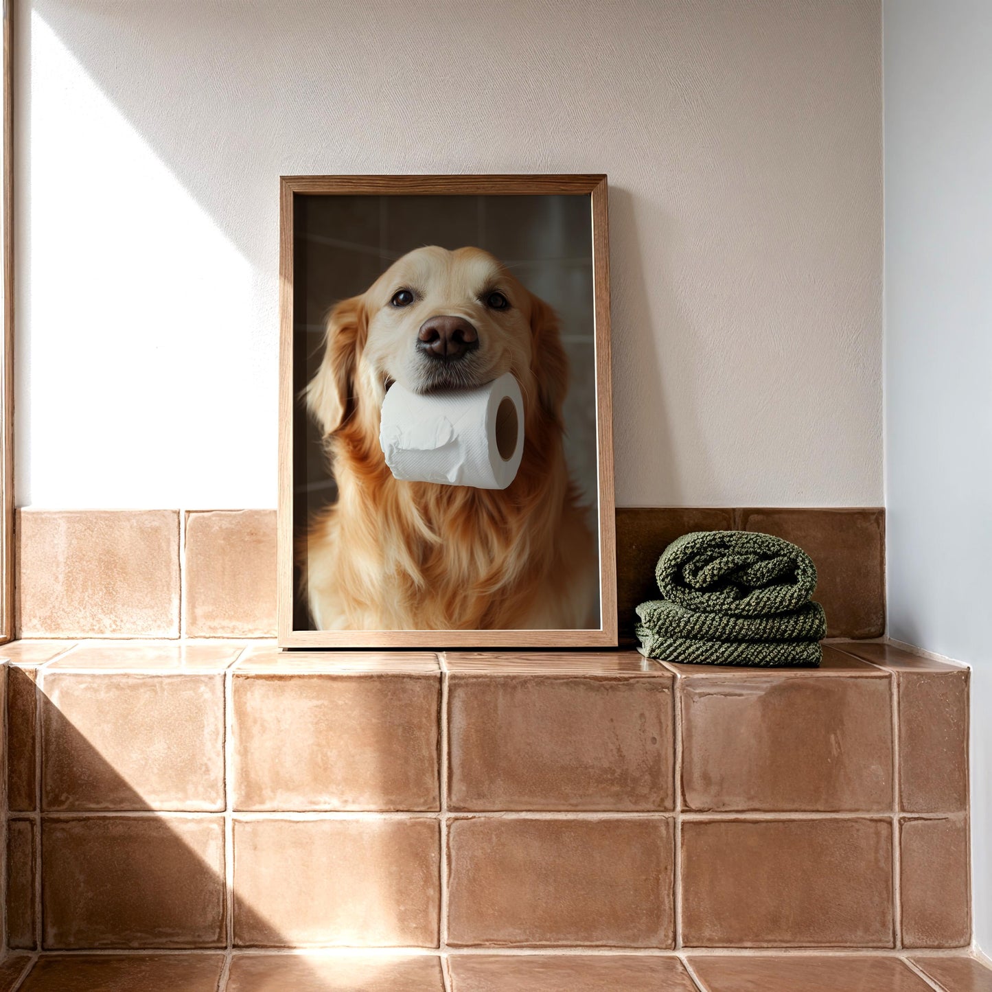 Golden Retriever Holding Toilet Paper Roll β Funny Dog Bathroom Wall Art, Cute Pet Photography, Golden Retriever Decor for Dog Lovers