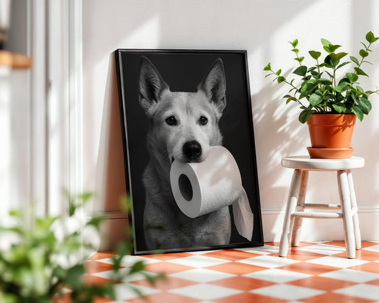 Black and White Dog Photo with Toilet Paper – Pet Wall Art Print, Monochrome Bathroom Decor, Heeler Dog Lover Gift