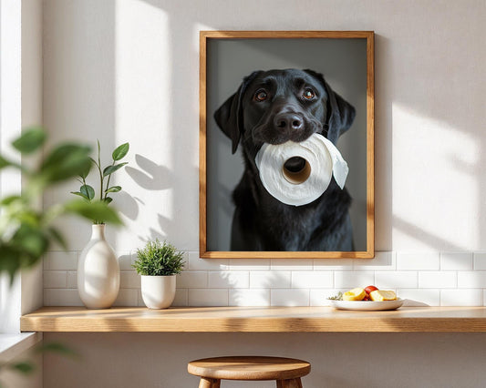 Black Labrador Holding Toilet Paper – Funny Dog Bathroom Wall Art, Cute Lab Print for Dog Lovers, Unframed Pet Photography Decor