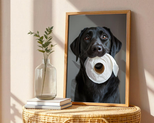 Black Labrador Holding Toilet Paper – Funny Dog Bathroom Wall Art, Cute Lab Print for Dog Lovers, Unframed Pet Photography Decor
