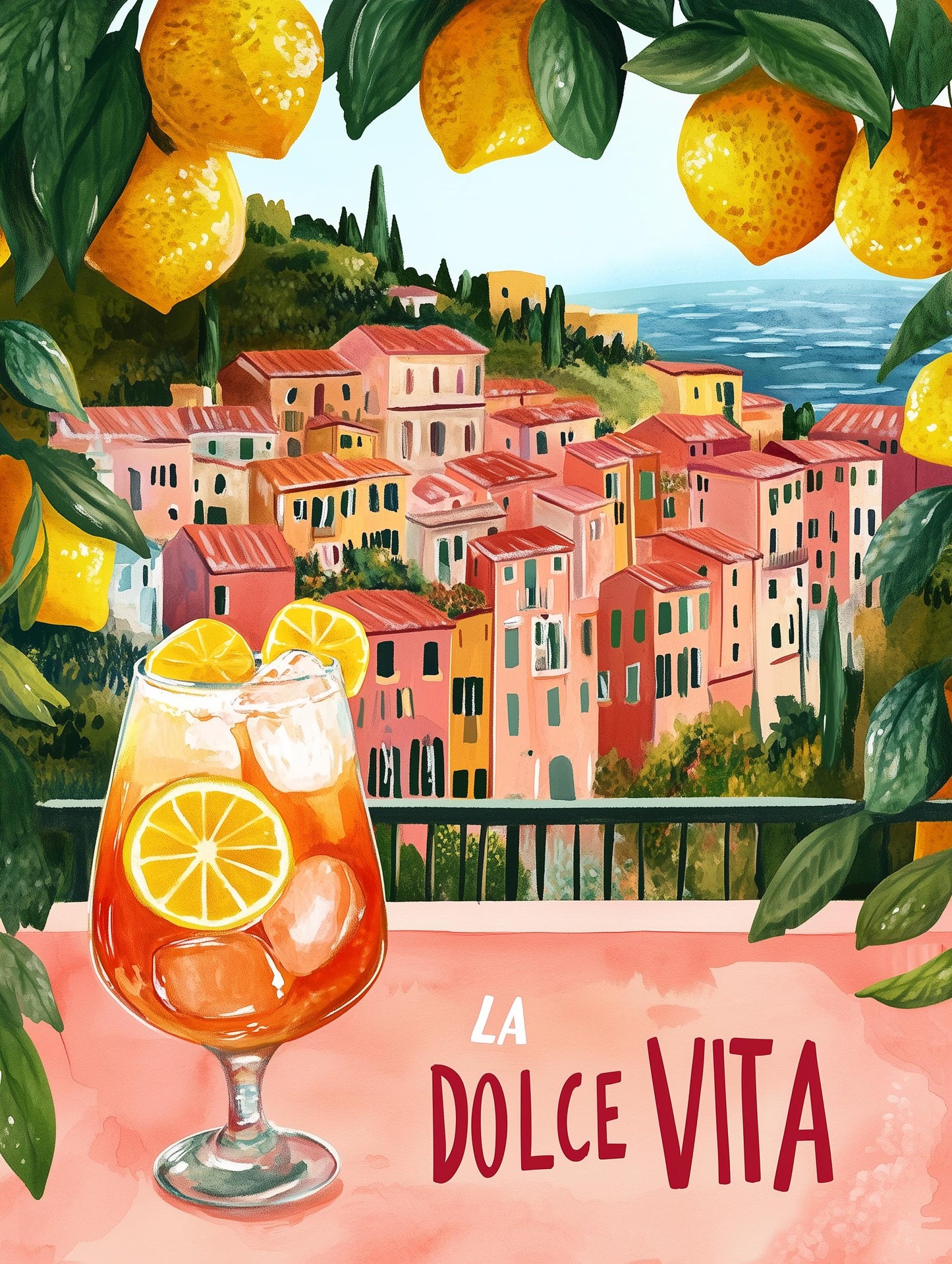 La Dolce Vita Mediterranean Print – Italian Coast Poster, Lemon Art, Aperol Spritz Illustration, Amalfi Coast Wall Decor Kitchen or Bar Art