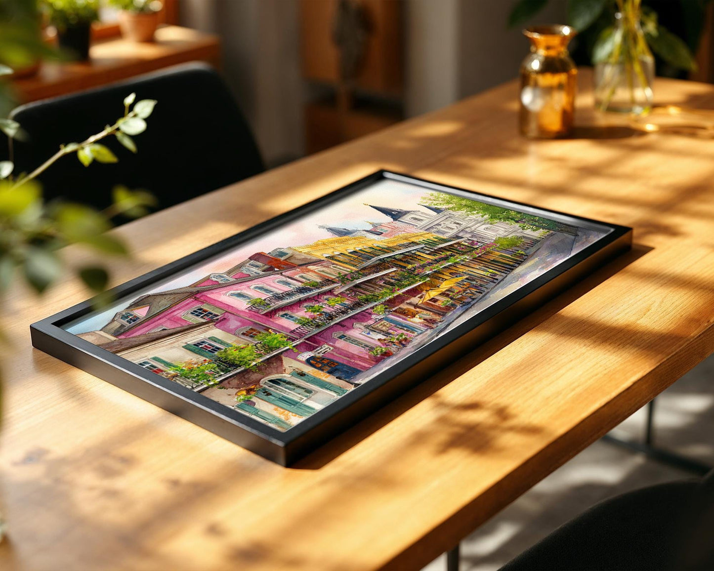 New Orleans French Quarter Watercolor Print – Colorful Balcony Street Scene Wall Art, Vibrant NOLA Architecture Painting