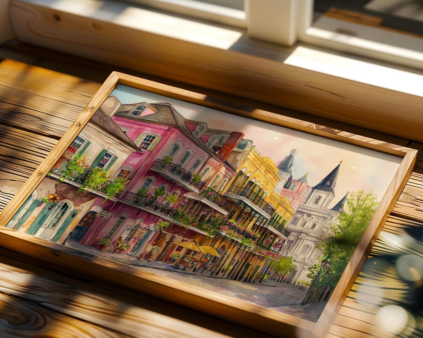 New Orleans French Quarter Watercolor Print – Colorful Balcony Street Scene Wall Art, Vibrant NOLA Architecture Painting