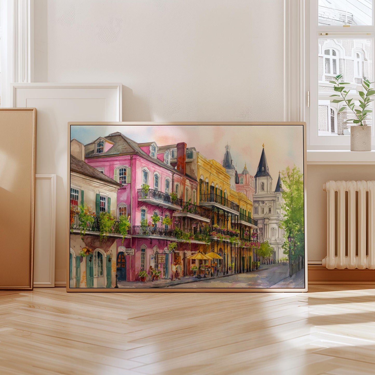 New Orleans French Quarter Watercolor Print – Colorful Balcony Street Scene Wall Art, Vibrant NOLA Architecture Painting