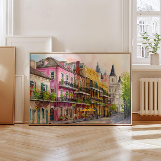 New Orleans French Quarter Watercolor Print – Colorful Balcony Street Scene Wall Art, Vibrant NOLA Architecture Painting