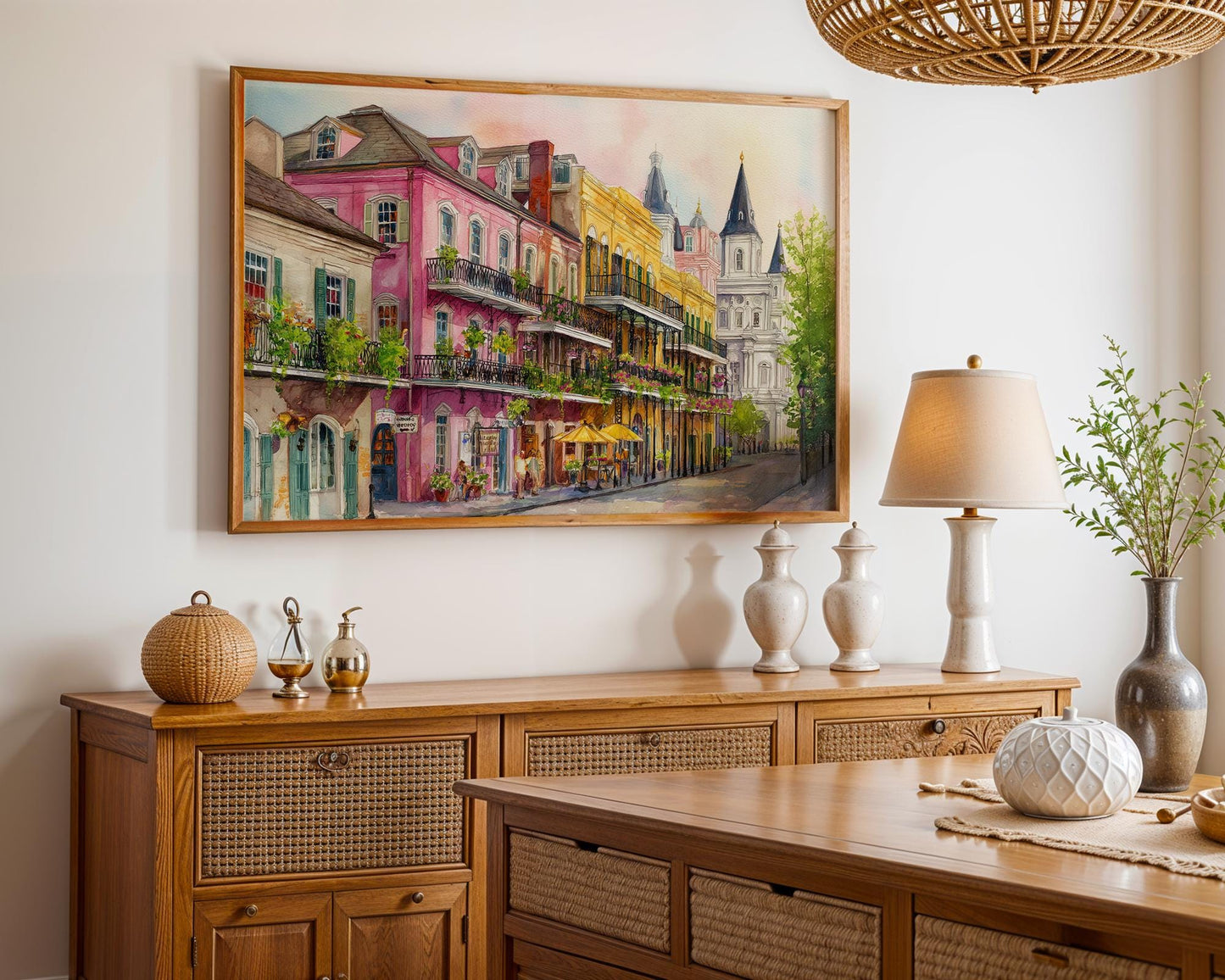 New Orleans French Quarter Watercolor Print – Colorful Balcony Street Scene Wall Art, Vibrant NOLA Architecture Painting