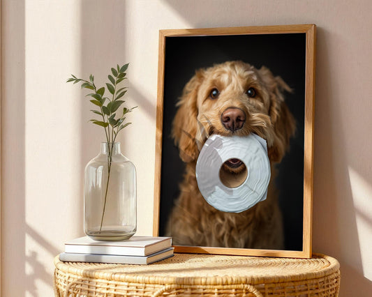 Goldendoodle Holding Toilet Paper – Funny Dog Bathroom Wall Art, Cute Golden Doodle Print for Dog Lovers, Unframed Pet Photography Decor