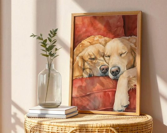 Golden Retriever Watercolor Print – Sleeping Dog Wall Art, Cozy Pet Portrait, Golden Lovers Gift, Red Couch Dog Decor, Dog Mom Artwork