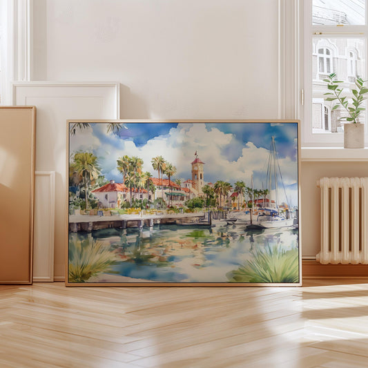St. Augustine Florida Waterfront Watercolor Painting – Historic Coastal Town Art Print, Tropical Marina Scene, Travel Wall Decor