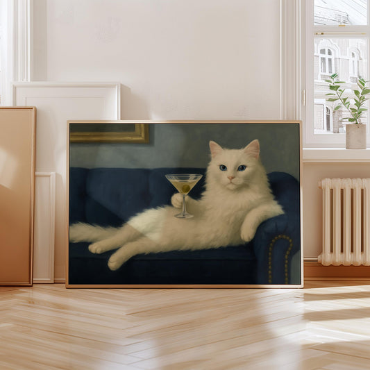 Retro White Cat Martini Wall Art | Bar Cart Decor | Cocktail Lounge Print | Eclectic Wall Art | Vintage-Inspired Oil Painting | Cute Cat Art