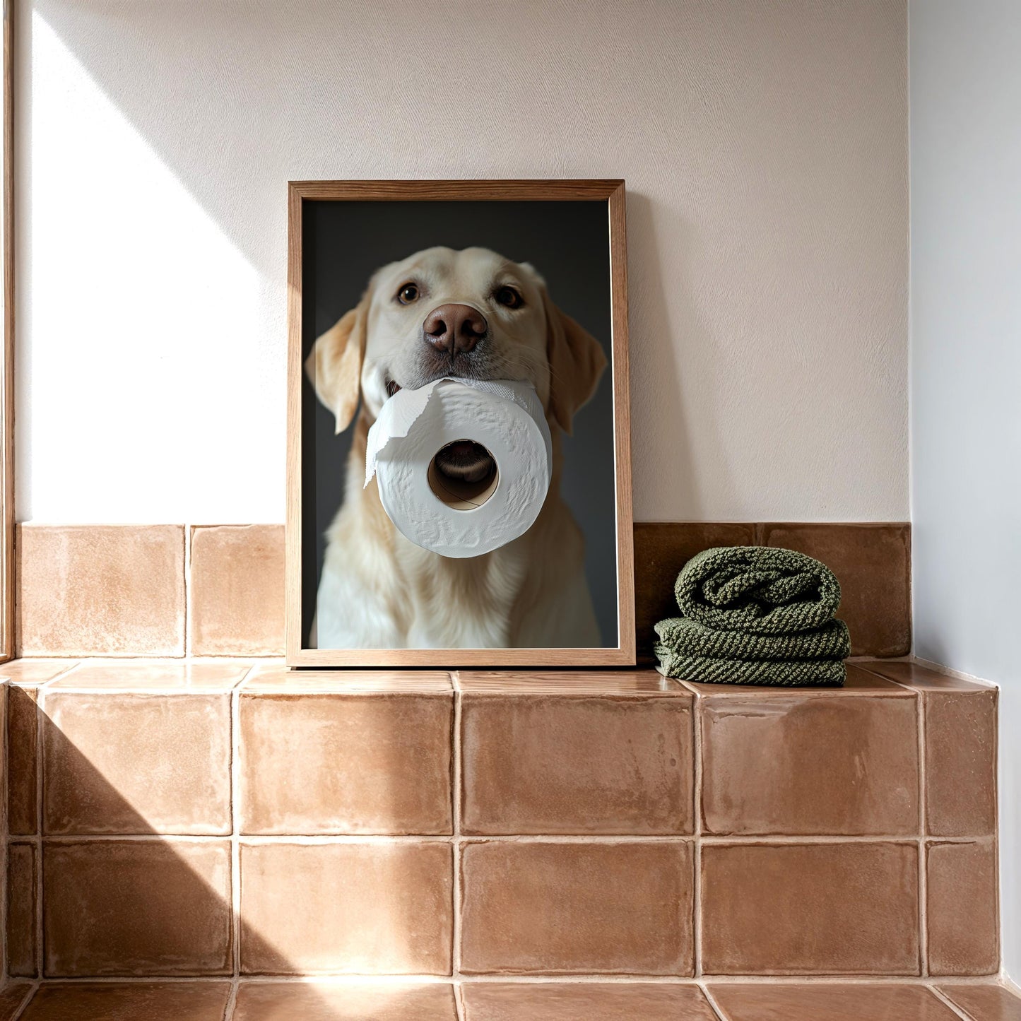 Yellow Lab Dog with Toilet Paper – Funny Labrador Bathroom Wall Art Print, Gag Gift for Dog Lovers, Cute Golden Retriever Decor