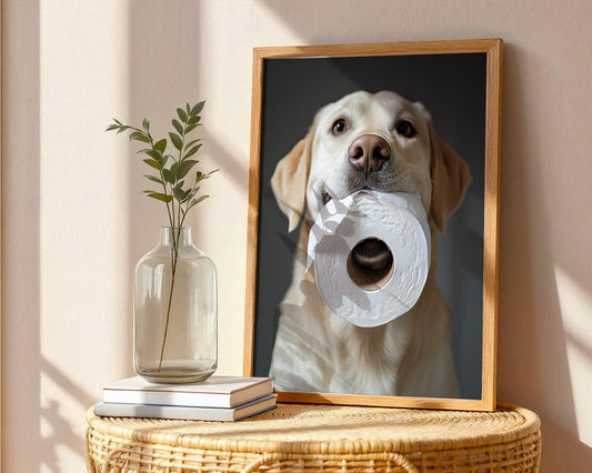 Yellow Lab Dog with Toilet Paper – Funny Labrador Bathroom Wall Art Print, Gag Gift for Dog Lovers, Cute Golden Retriever Decor