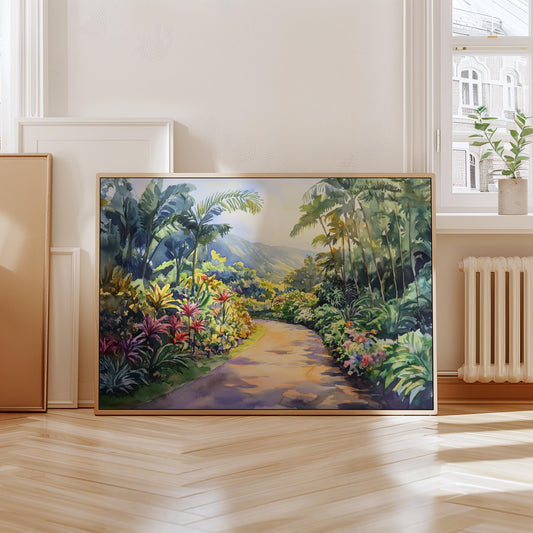 Road to Hana Watercolor Print – Tropical Botanical Path Wall Art, Hawaii Nature Painting, Lush Jungle Landscape Home Decor