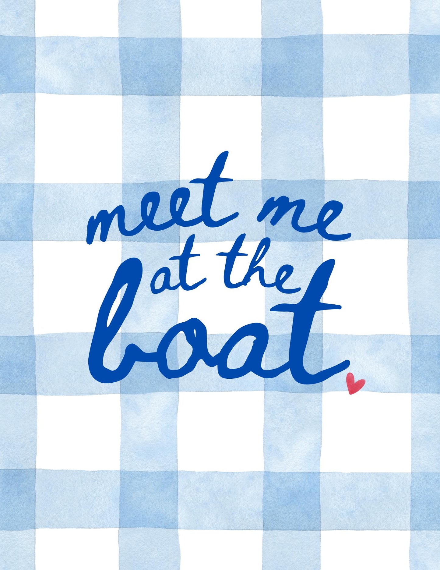 Meet Me at the Boat Art Print – Nautical Lake House Wall Decor, Blue Gingham Summer Sign, Coastal Cabin Quote, Boat Life Gift