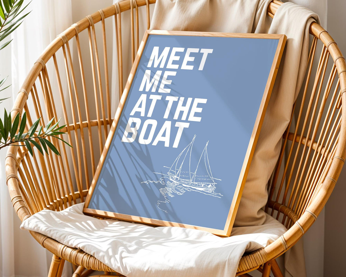 Meet Me at the Boat Print – Nautical Sailboat Wall Art, Lake House Decor, Coastal Cabin Quote, Blue Maritime Poster Gift