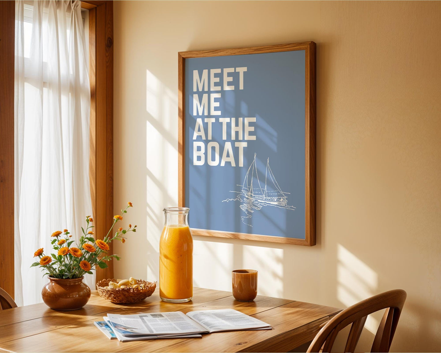 Meet Me at the Boat Print – Nautical Sailboat Wall Art, Lake House Decor, Coastal Cabin Quote, Blue Maritime Poster Gift