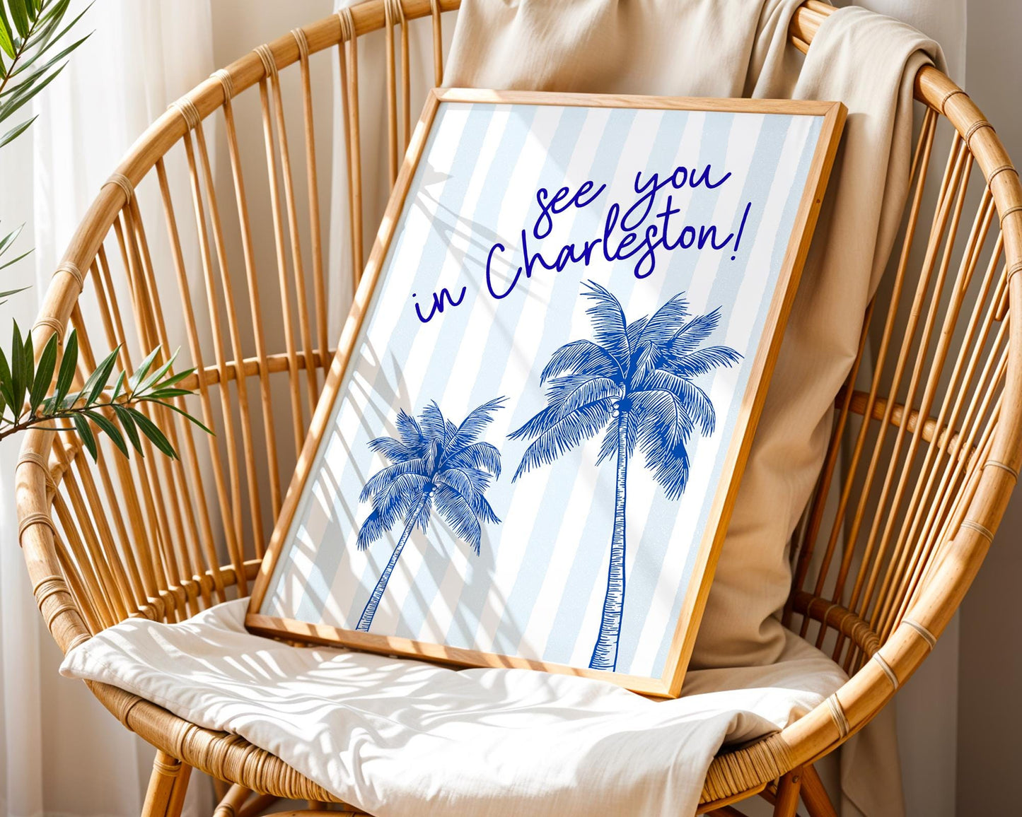 See You in Charleston Print – Blue Palmetto Tree Wall Art, Coastal South Carolina Decor, Preppy Travel Quote Poster, Beach House Gift
