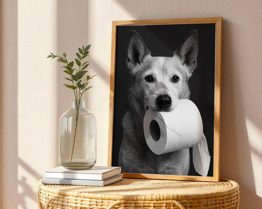 Black and White Dog Photo with Toilet Paper – Pet Wall Art Print, Monochrome Bathroom Decor, Heeler Dog Lover Gift