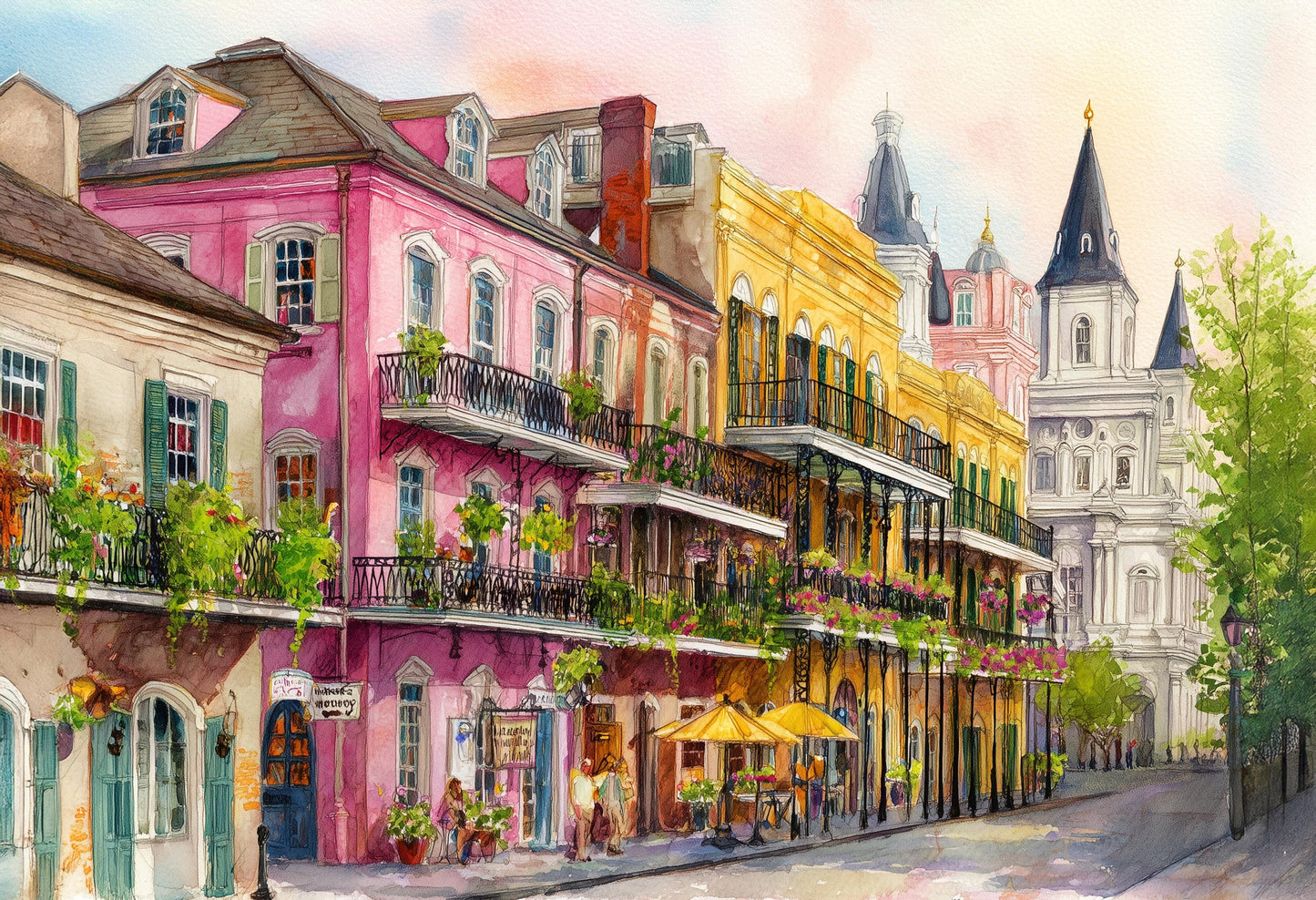 New Orleans French Quarter Watercolor Print – Colorful Balcony Street Scene Wall Art, Vibrant NOLA Architecture Painting