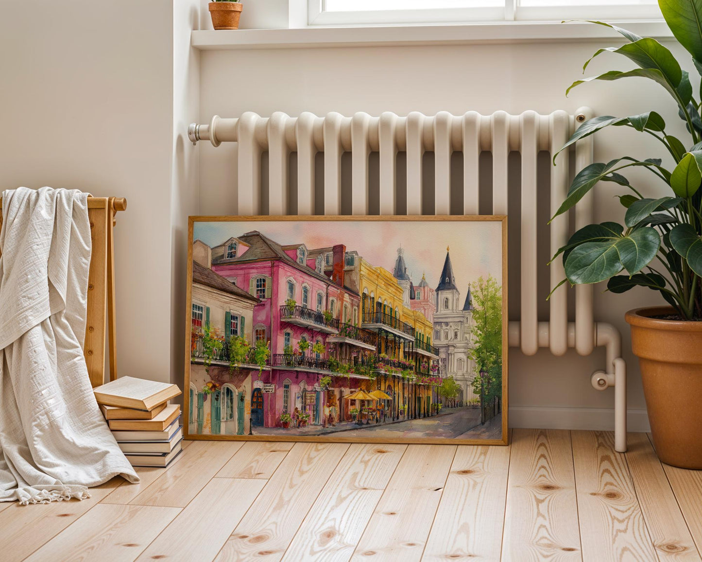 New Orleans French Quarter Watercolor Print – Colorful Balcony Street Scene Wall Art, Vibrant NOLA Architecture Painting