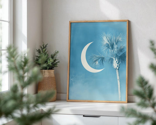 South Carolina Flag Art Print – Minimalist Crescent Moon & Palmetto Wall Decor, Coastal Southern Home Artwork, Blue Palm Tree Poster