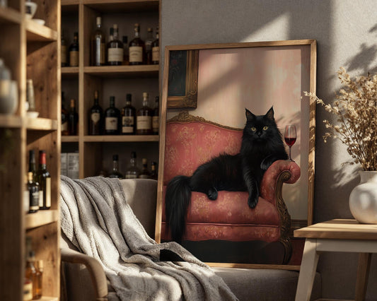 Elegant Black Cat Oil Painting – Funny Regal Cat Wall Art, Wine & Cat Lover Gift, Baroque Style Feline Portrait, Lounge Decor Print