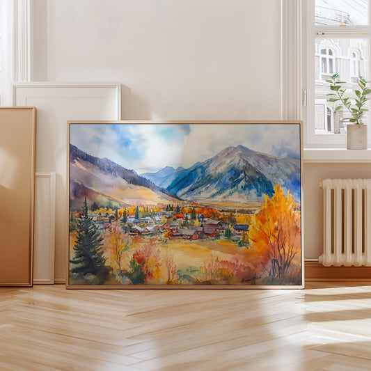 Jackson Hole Wyoming Watercolor Print – Fall Mountain Landscape Wall Art, Rustic Cabin Decor, Autumn Nature Painting, Western Home Deco