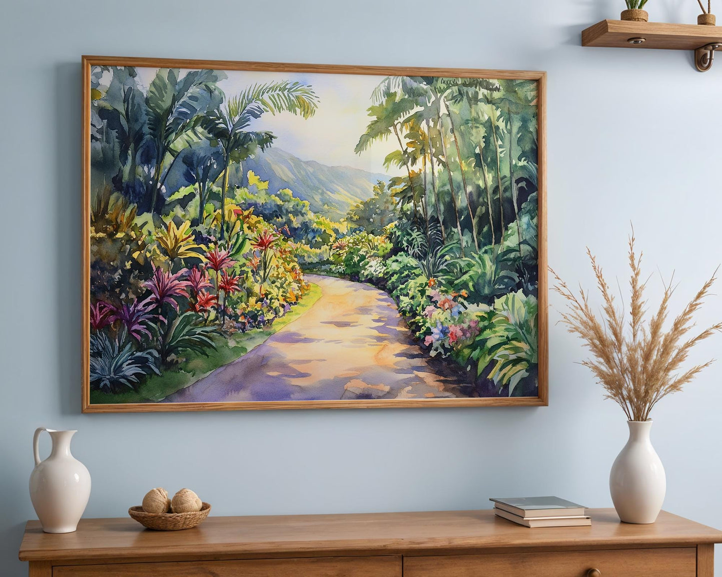 Road to Hana Watercolor Print – Tropical Botanical Path Wall Art, Hawaii Nature Painting, Lush Jungle Landscape Home Decor