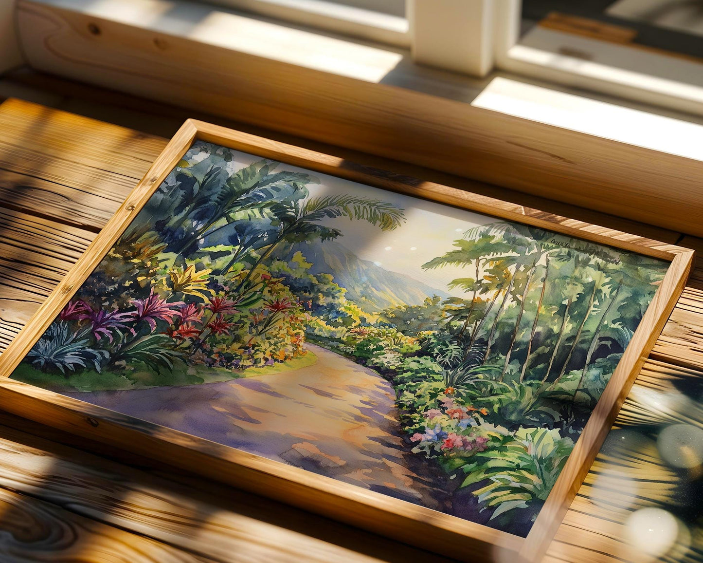 Road to Hana Watercolor Print – Tropical Botanical Path Wall Art, Hawaii Nature Painting, Lush Jungle Landscape Home Decor