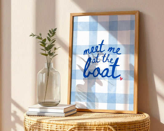 Meet Me at the Boat Art Print – Nautical Lake House Wall Decor, Blue Gingham Summer Sign, Coastal Cabin Quote, Boat Life Gift