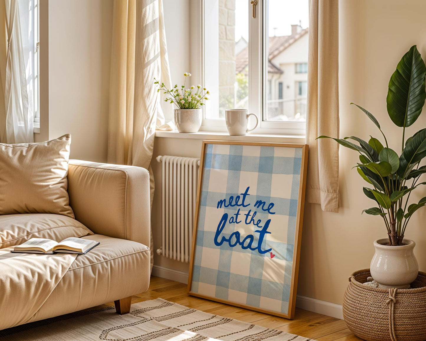 Meet Me at the Boat Art Print – Nautical Lake House Wall Decor, Blue Gingham Summer Sign, Coastal Cabin Quote, Boat Life Gift