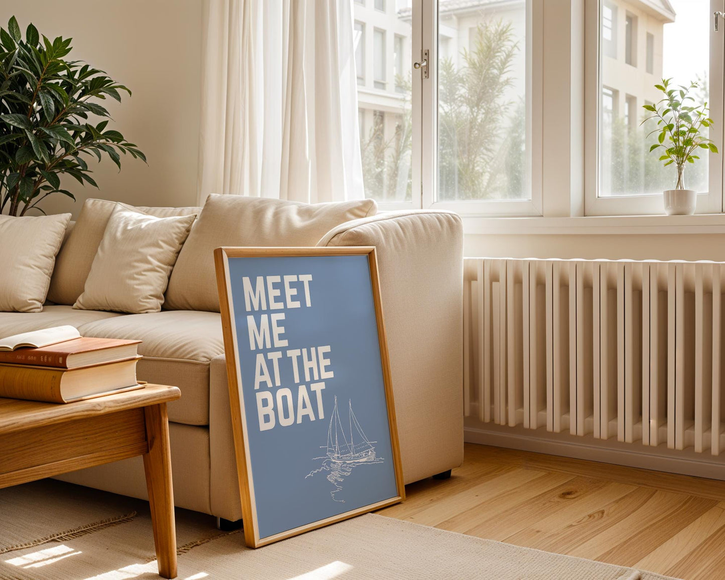Meet Me at the Boat Print – Nautical Sailboat Wall Art, Lake House Decor, Coastal Cabin Quote, Blue Maritime Poster Gift