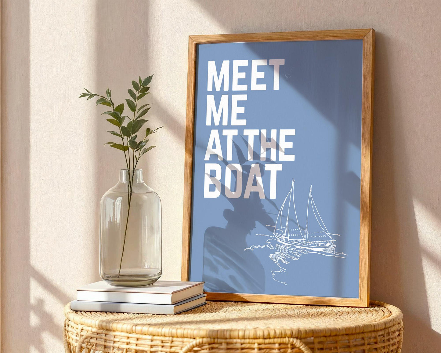 Meet Me at the Boat Print – Nautical Sailboat Wall Art, Lake House Decor, Coastal Cabin Quote, Blue Maritime Poster Gift