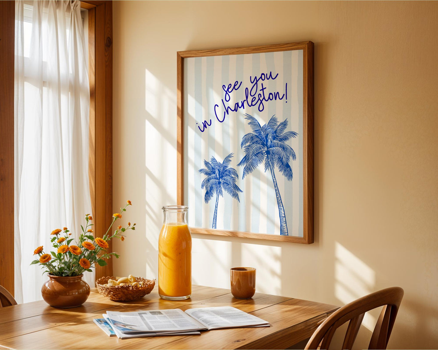 See You in Charleston Print – Blue Palmetto Tree Wall Art, Coastal South Carolina Decor, Preppy Travel Quote Poster, Beach House Gift