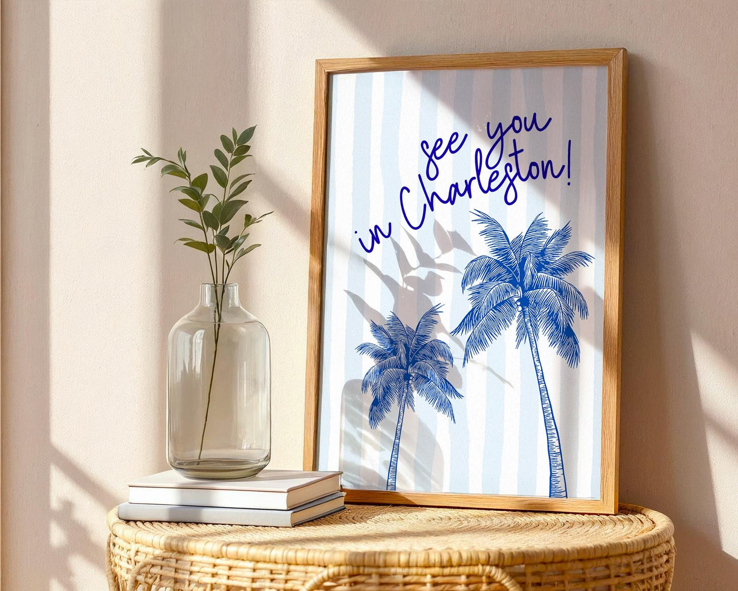See You in Charleston Print – Blue Palmetto Tree Wall Art, Coastal South Carolina Decor, Preppy Travel Quote Poster, Beach House Gift