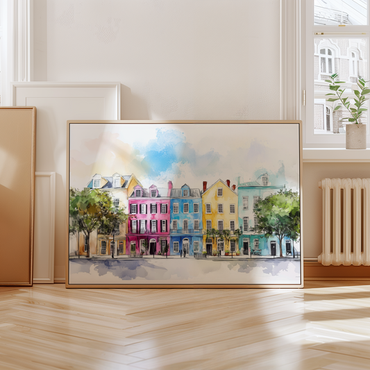 Rainbow Row Charleston SC Watercolor Print – Colorful Historic Homes Art, Charleston Wall Decor, Coastal Southern Cityscape Illustration