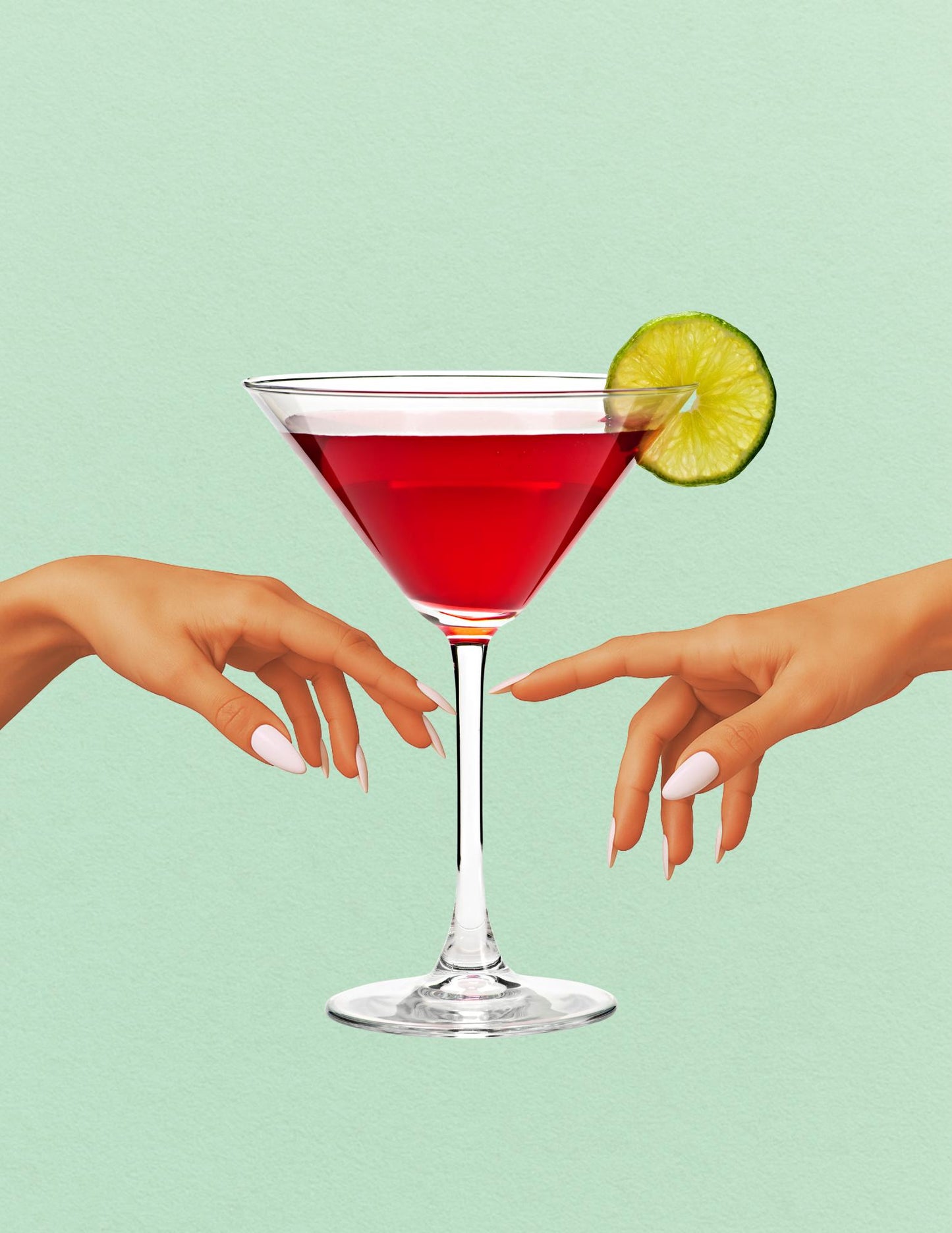 Cosmopolitan Cocktail Wall Art – Modern Feminine Martini Print with Lime, Elegant Hands Aesthetic, Pink Drink Bar Decor, Glam Kitchen Art