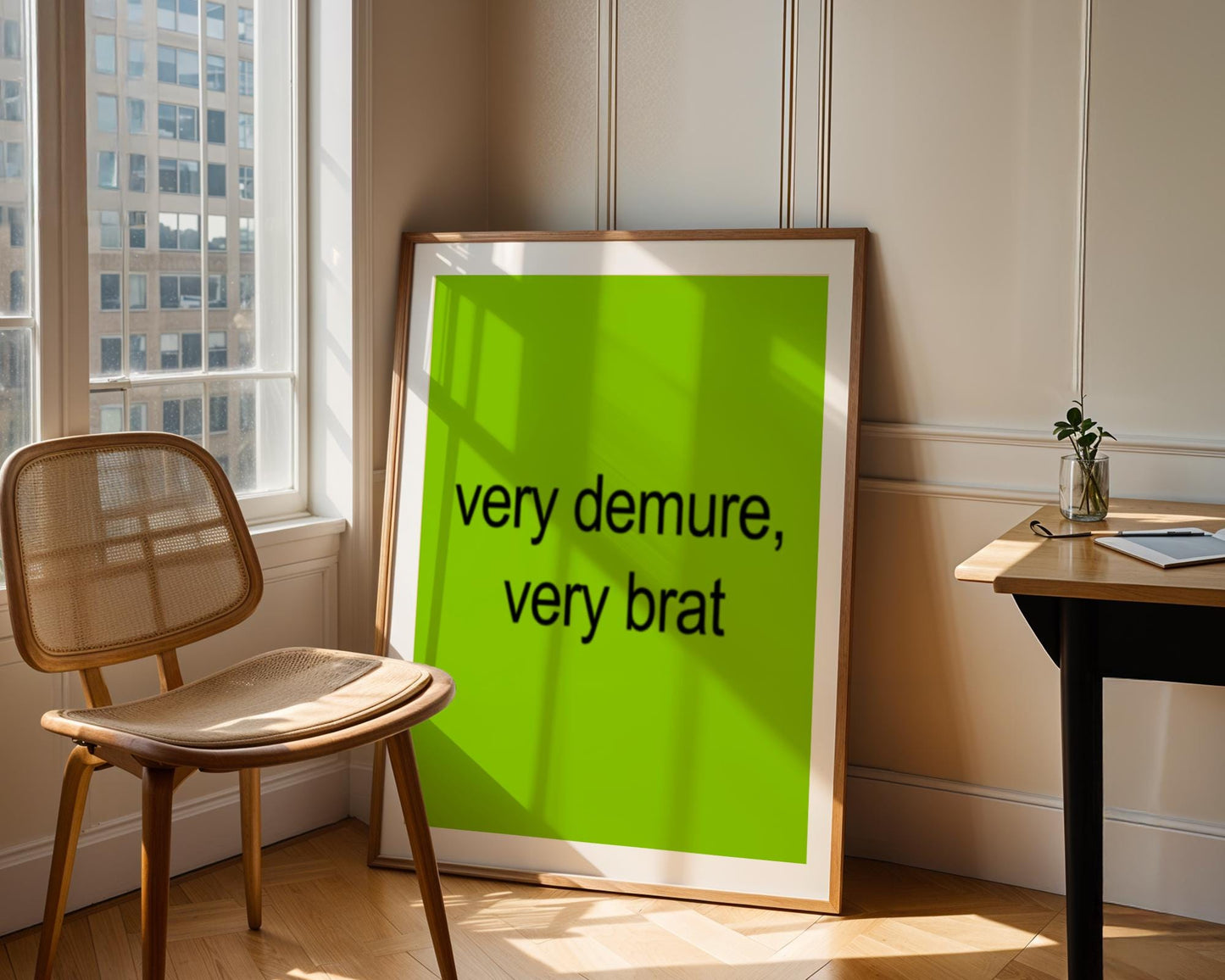 Funny Brat Aesthetic Quote Print - Demure and Bratty Wall Art - Bold Sassy Poster for Bedroom or Dorm - Lime Green Typography Decor