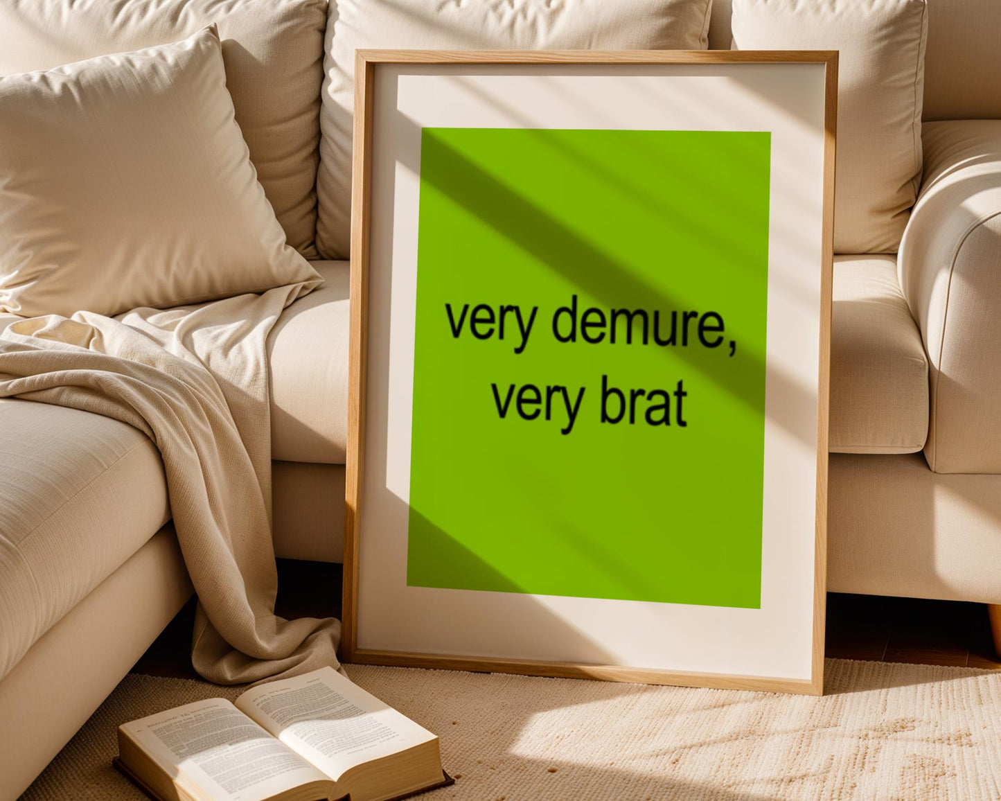 Funny Brat Aesthetic Quote Print - Demure and Bratty Wall Art - Bold Sassy Poster for Bedroom or Dorm - Lime Green Typography Decor