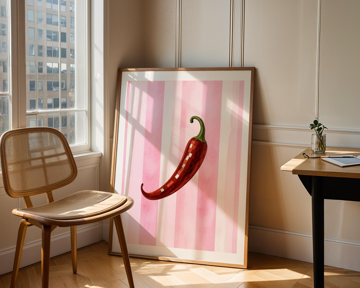 Disco Chili Pepper Wall Art – Funky Red Hot Pepper Print, Pink Striped Kitchen Decor, Retro Spicy Vegetable Poster, Y2K Aesthetic Art