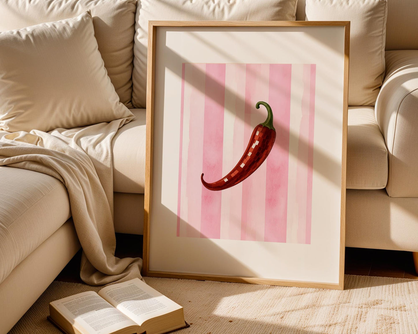 Disco Chili Pepper Wall Art – Funky Red Hot Pepper Print, Pink Striped Kitchen Decor, Retro Spicy Vegetable Poster, Y2K Aesthetic Art