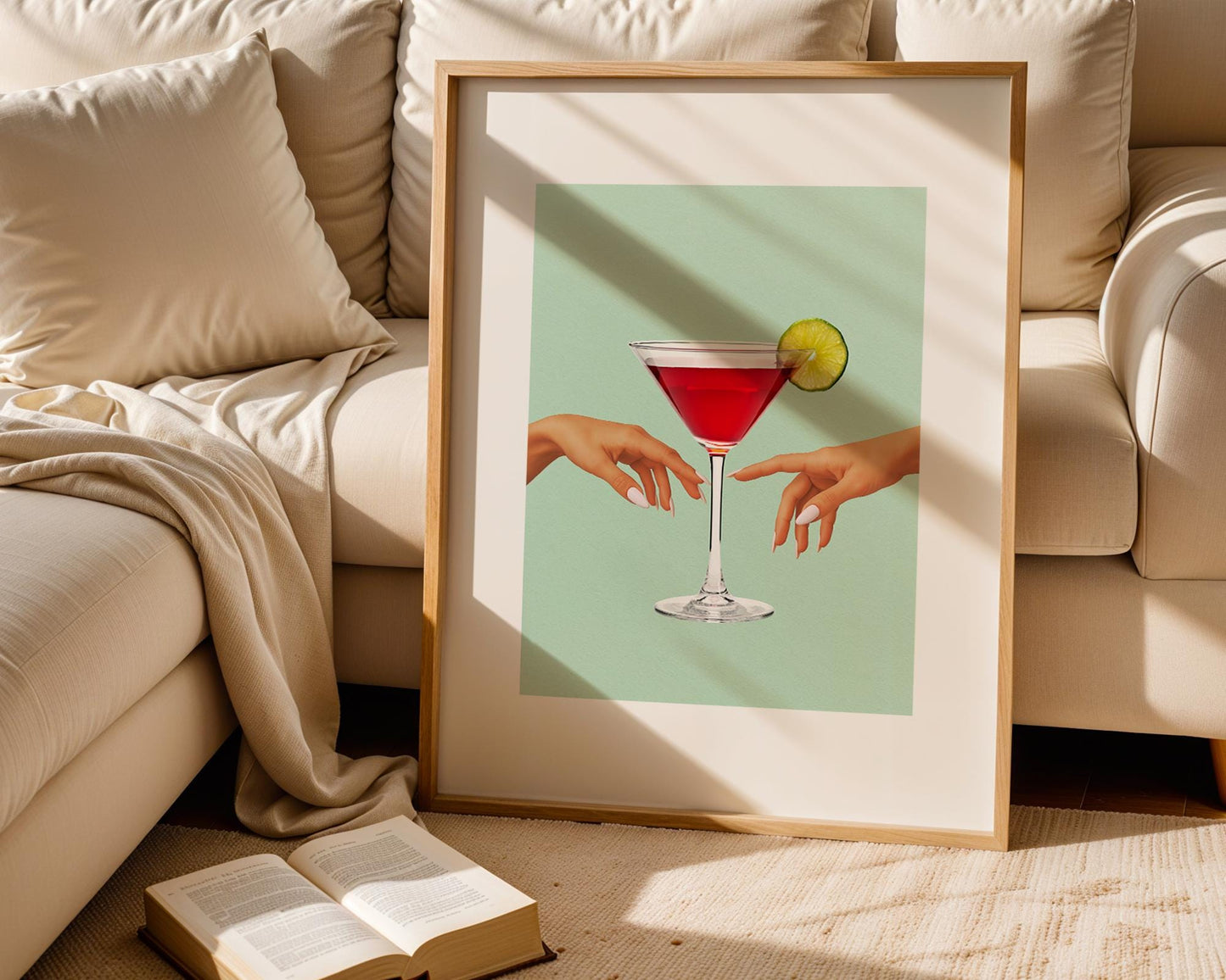 Cosmopolitan Cocktail Wall Art – Modern Feminine Martini Print with Lime, Elegant Hands Aesthetic, Pink Drink Bar Decor, Glam Kitchen Art