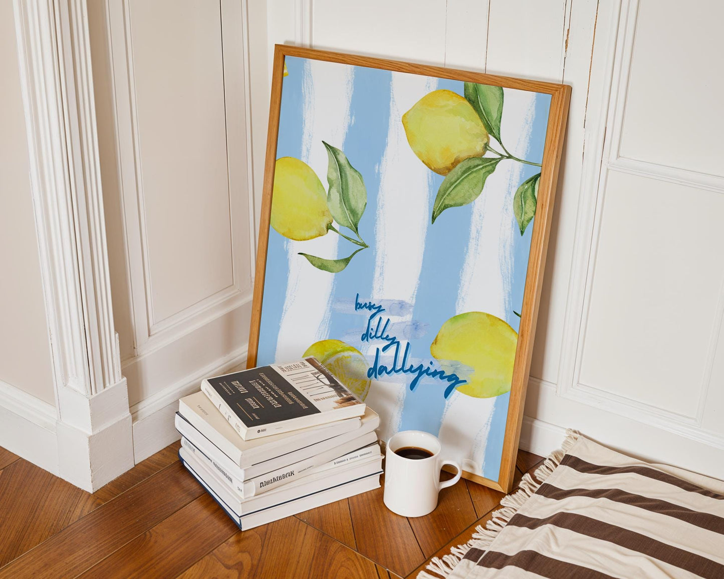 Busy Dilly Dallying Lemon Print | Whimsical Watercolor Fruit Art | Summer Kitchen Wall Decor | Blue Striped Citrus Poster