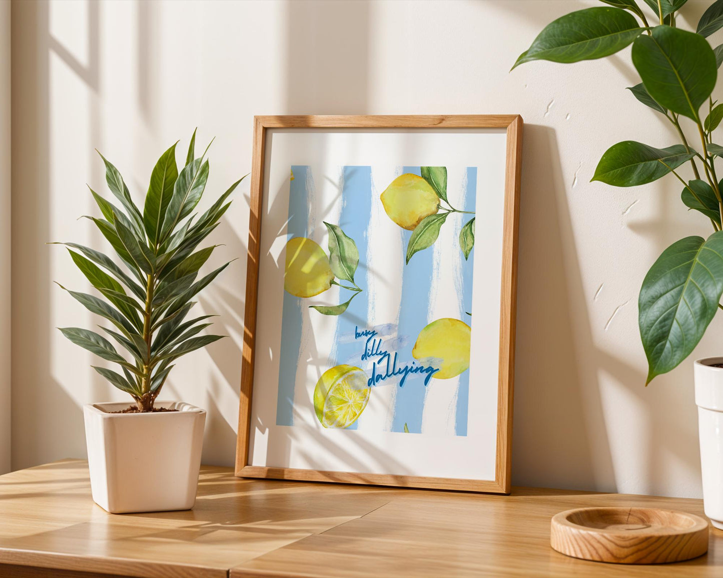 Busy Dilly Dallying Lemon Print | Whimsical Watercolor Fruit Art | Summer Kitchen Wall Decor | Blue Striped Citrus Poster